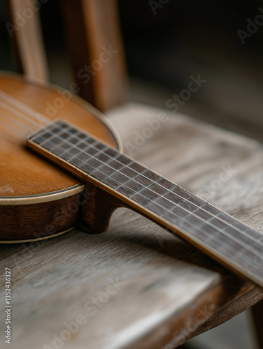 Close-up of an acoustic guitar resting on a wooden chair. the guitar is made of wood and has a dark brown finish. the neck of the guitar is visible, with the fretboard and strings clearly visible.
