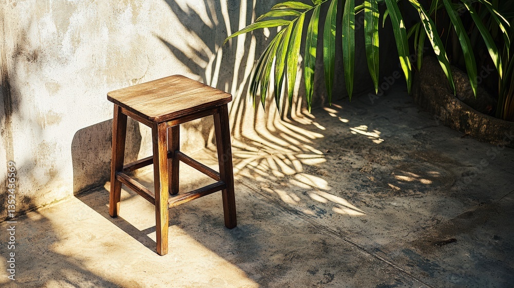 a wooden stool and green plants a wooden stool and green plants