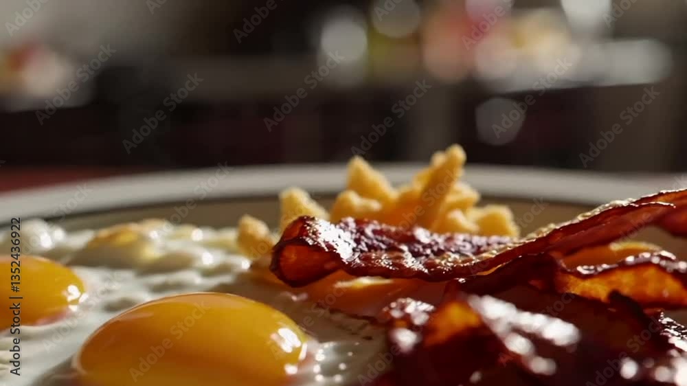 Crispy bacon alongside sunny-side up eggs and fries, perfect breakfast, brunch elegance, cozy holiday morning, delicious comfort food