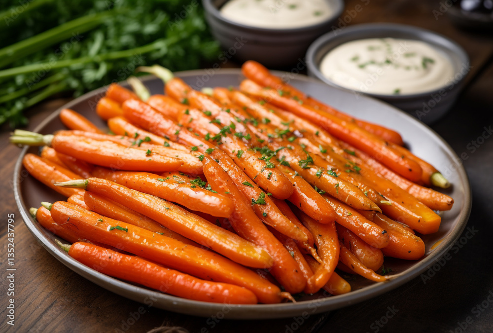 Fresh Baby Carrots with Sauce on a White Plate Fresh Baby Carrots with Sauce on a White Plate