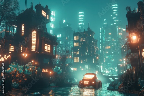 A futuristic urban city scene with a vehicle in water