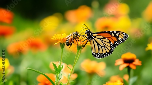 Diverse pollinator garden with native flowers and plants supporting bees butterflies and other essential pollinators for ecosystem health