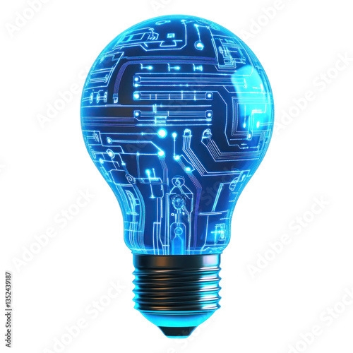 light bulb with neon blue circuit pattern isolated on transparent background