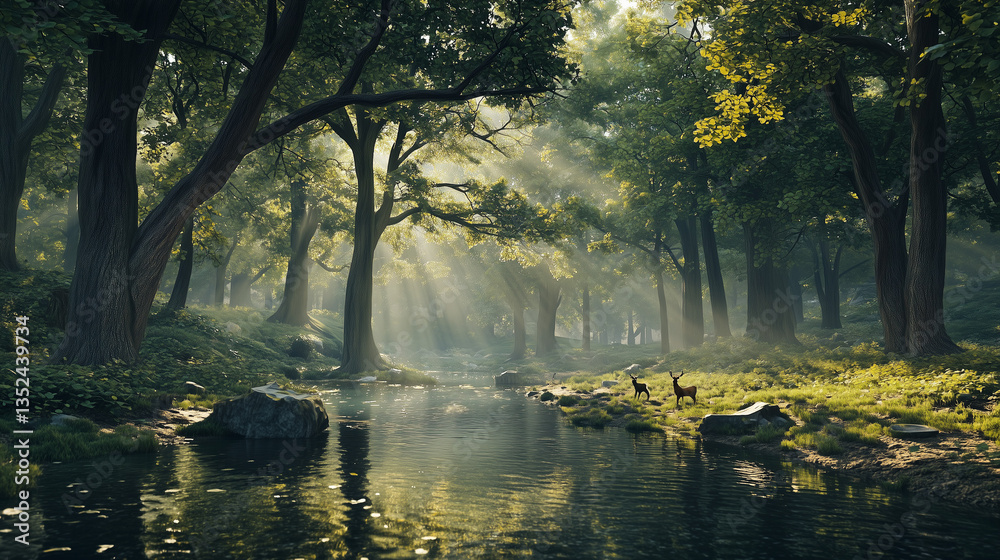 Fototapeta premium A serene forest scene with towering ancient trees, sunlight filtering through dense leaves.