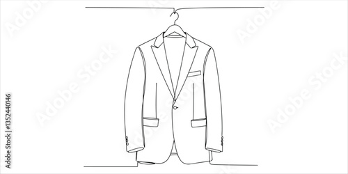 men's formal suit, A men's formal suit jacket is neatly displayed on a hanger, illustrated in a continuous single line art style. The minimalist hand drawn sketch is set against a clean.