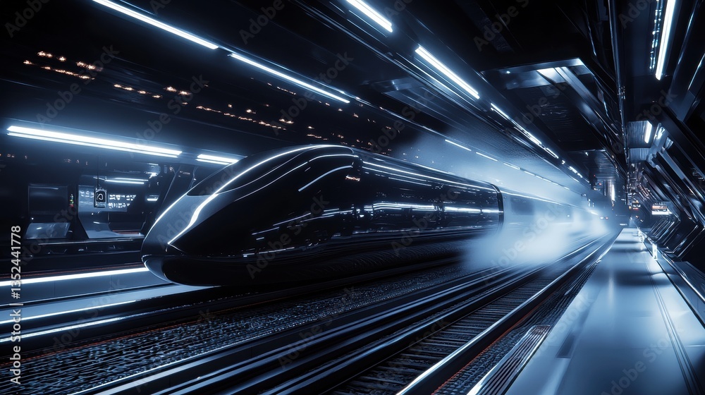 Fototapeta premium Futuristic Modern Train Station with Sleek Design, Steel Tracks, and High-Tech Departure Scene in a Dynamic Urban Environment