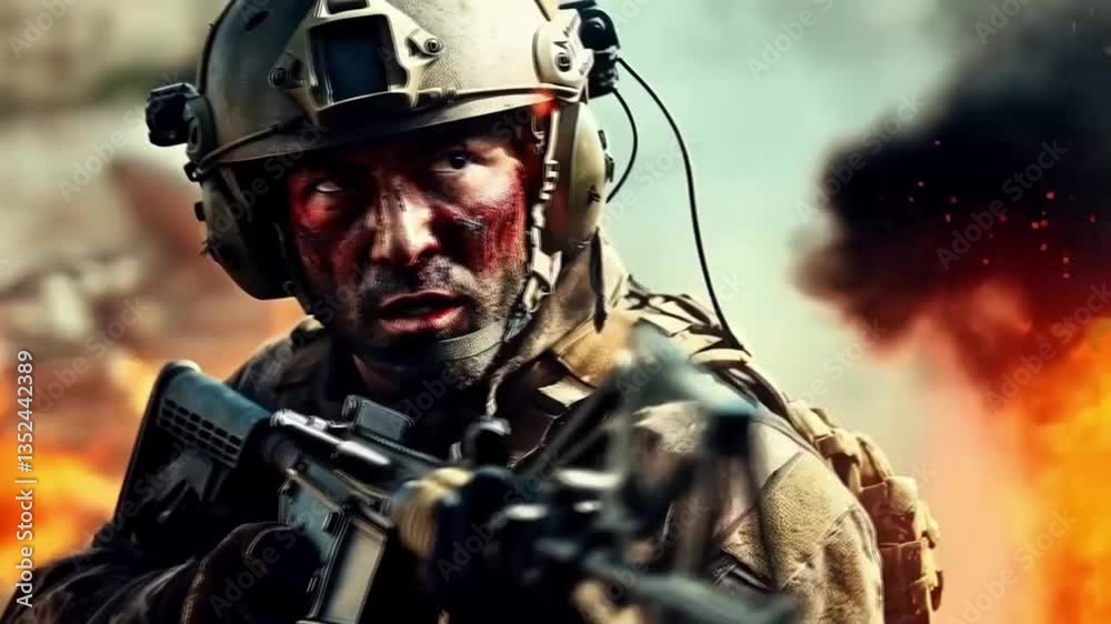 A man in military uniform is shown with a gun and blood on his face. Smooth repeating motion for background video animation. A man in military uniform is shown with a gun and blood on his face. Smooth repeating motion for background video animation.