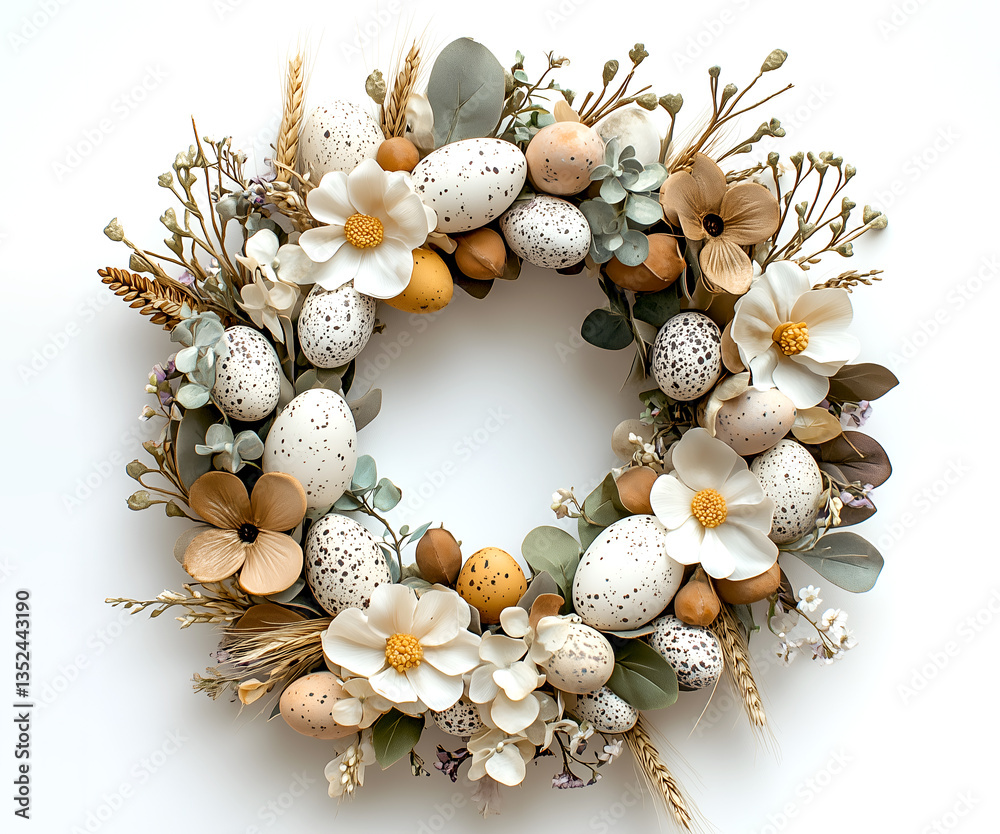 Obraz premium Easter wreath with speckled eggs and delicate spring flowers forming a beautiful seasonal circular composition, perfect for adding a touch of rustic elegance to any holiday&nbsp;celebration