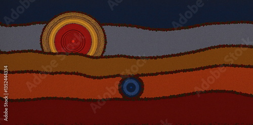 Abstract Landscape with Circular Sun and Colorful Earth Tones