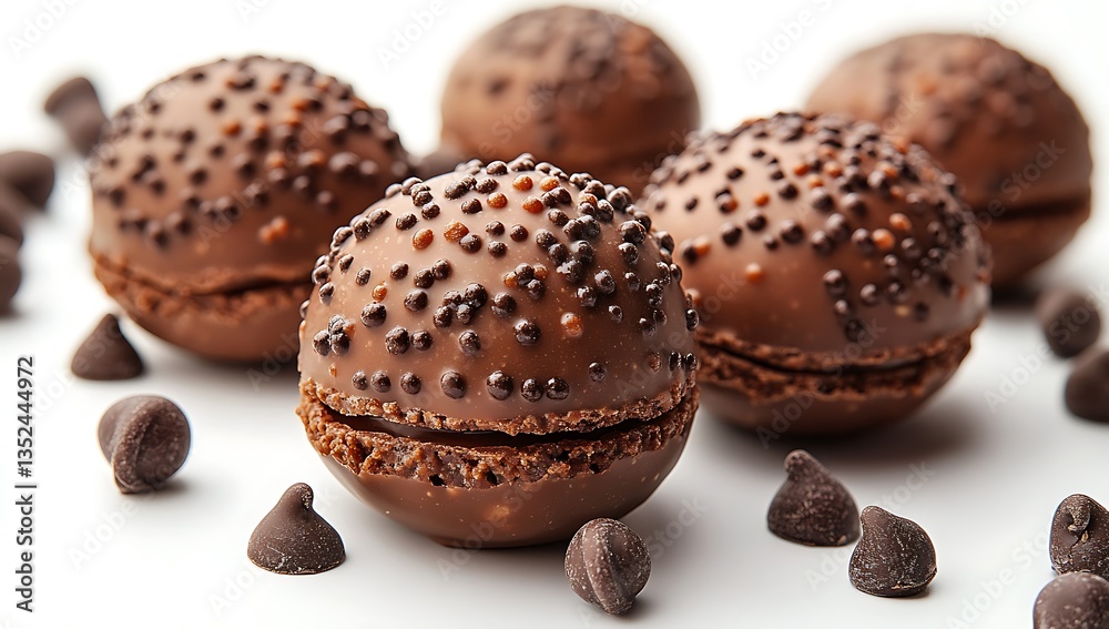 Rich Chocolate Spheres Topped with Dark Chocolate Chips on a Clean White Background
