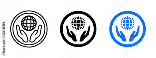Globe hands icon. Global care vector illustration. Supporting and protecting the earth symbol. Environmental responsibility and humanitarian aid pictogram.
