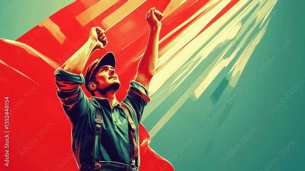 Fototapeta premium Man Raising Fists Illustration with Red Flag and Light Beams Graphic