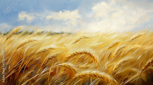 Golden wheat field swaying gently under a clear blue sky on a sunny day