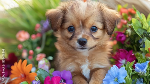A cute and fluffy puppy nestled in the center of a beautiful spring bouquet, surrounded by colorful petals and greenery, adding to the charm of the scene.