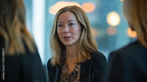 Wallpaper Mural A woman with long brown hair smiles and talks to someone. Smooth repeating motion for background video animation. Torontodigital.ca