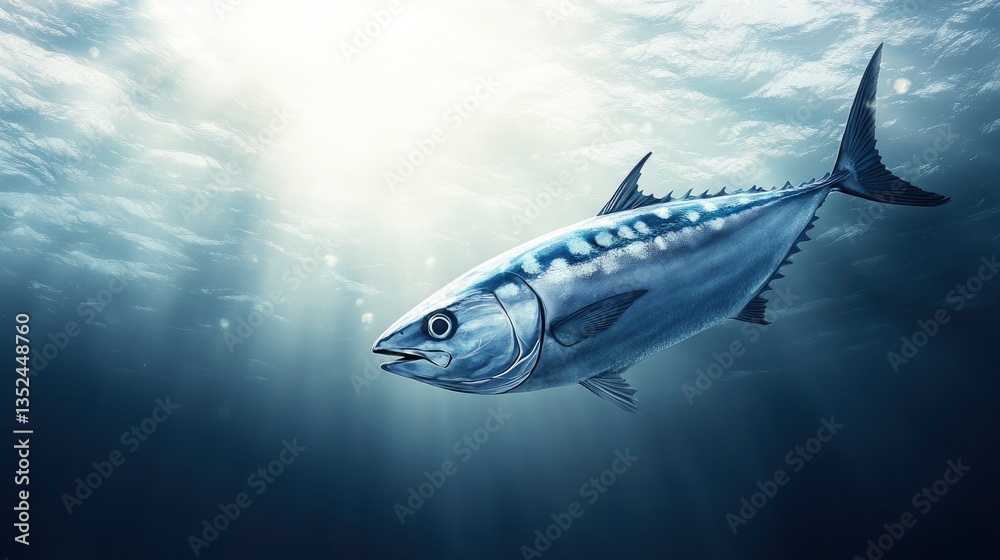Naklejka premium Solitary Tuna Fish Swimming in Ocean Waters with Sunlight Rays