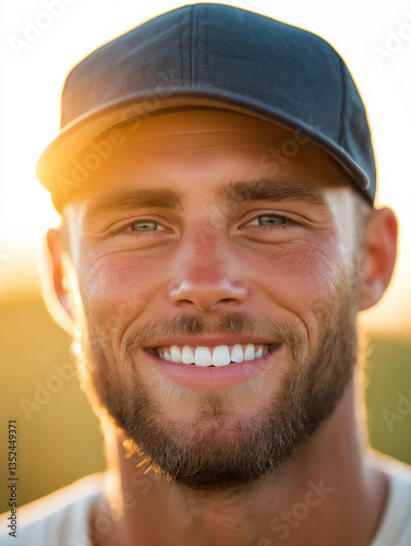 Close-up portrait of a man's face. he is smiling widely and looking directly at the camera. he has a beard and mustache and is wearing a black baseball cap.
