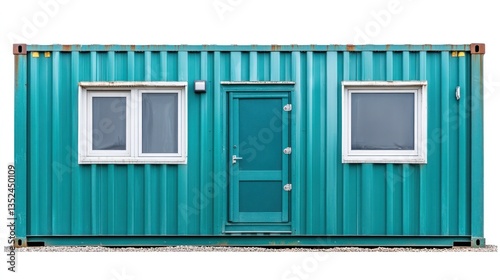 Blue metal shipping container building exterior with doors and windows in minimalist urban setting  Industrial freight logistics and transportation concept