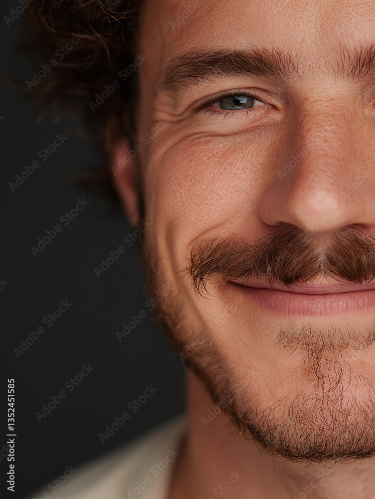Obraz premium Close-up portrait of a man's face. he has a slight smile on his lips and his eyes are looking directly at the camera. his hair is styled in loose curls and he has a mustache.
