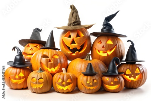 Big set of Jack O Lantern Halloween pumpkins with various different designs and witches hat isolated on white background. Halloween pumpkins 