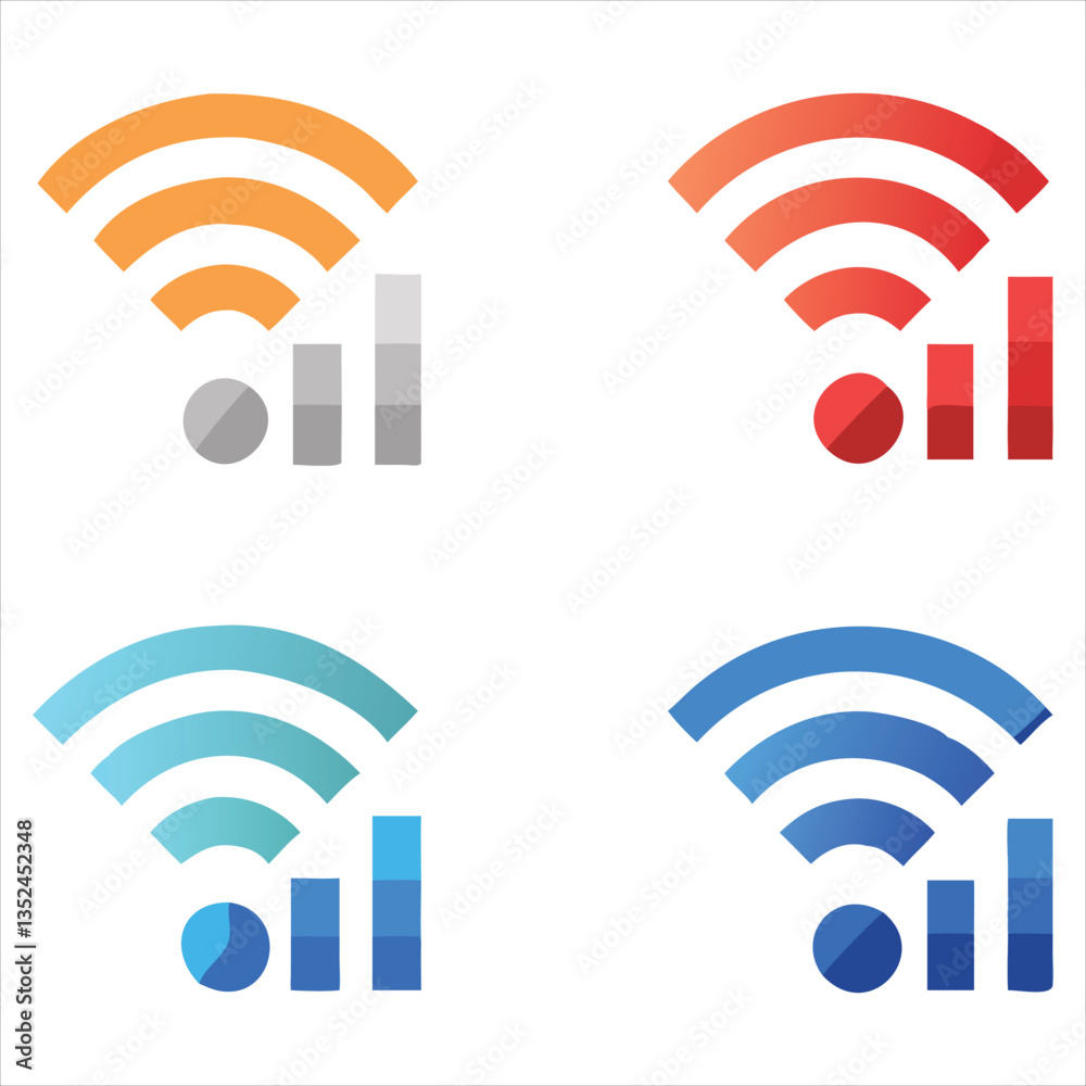 Wi-Fi Signal Strength Icon Set with Full, 3/4, Half, and Weak Signals

