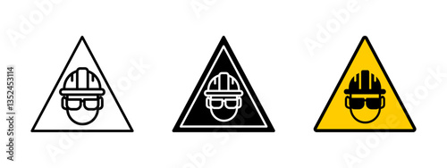 Helmet protection icon. Safety sign indicating required use of hard hats and protective eyewear in hazardous areas. Industrial warning symbol for construction sites and workplace security compliance.