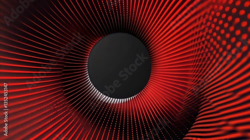 Abstract tunnel with radial lines and dots.  Intricate red lines converge on a central dark circle
