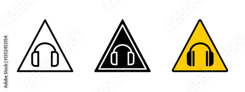 Headphones protection icon. Safety warning sign indicating required hearing protection in high-noise areas. Industrial symbol for noise hazard and workplace security compliance.