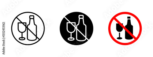 No alcohol icon. Prohibited drinking sign indicating restriction on alcohol consumption. Warning symbol for liquor-free zones and safety regulations enforcement.