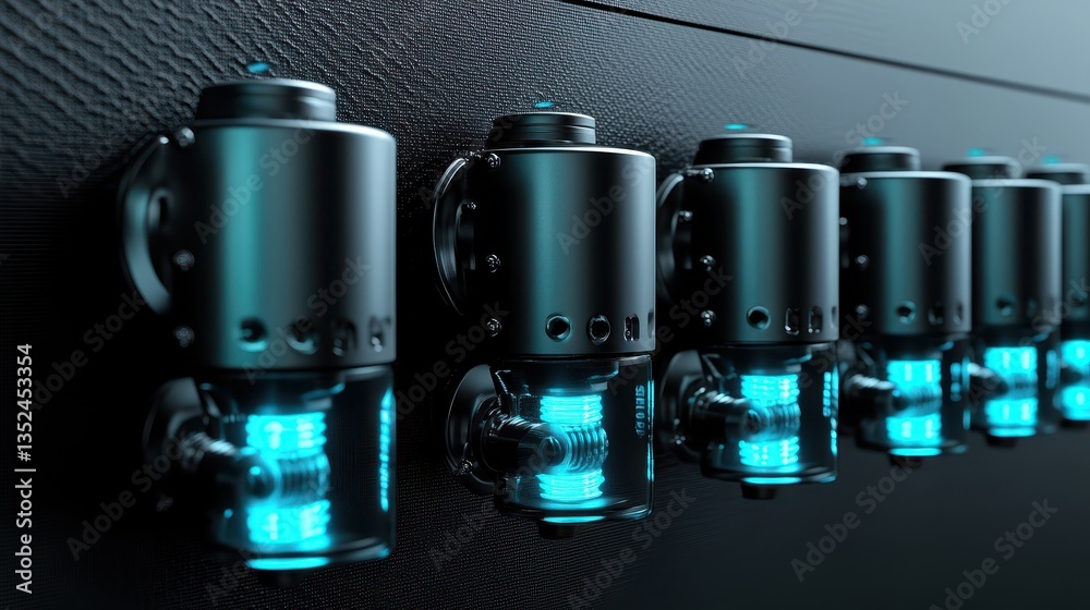 Multiple futuristic cylindrical objects with luminous blue internal lighting Multiple futuristic cylindrical objects with luminous blue internal lighting