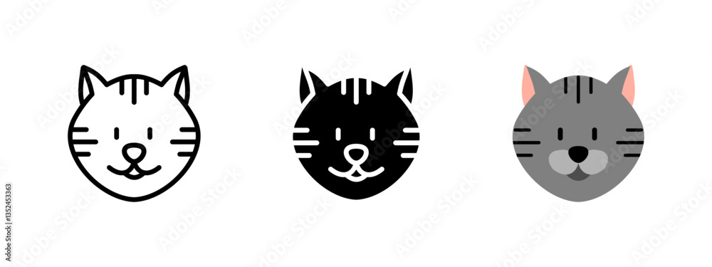 Fototapeta premium Cat icon. Feline face with whiskers vector illustration. Cute domestic pet symbol. Happy kitty sign. Friendly kitten head pictogram. Cartoon pussycat mascot concept.