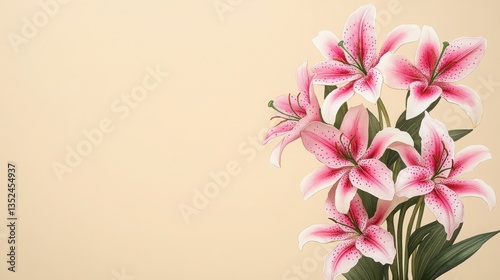 Pink flowers on beige background featuring watercolor botanical illustration of stargazer lily