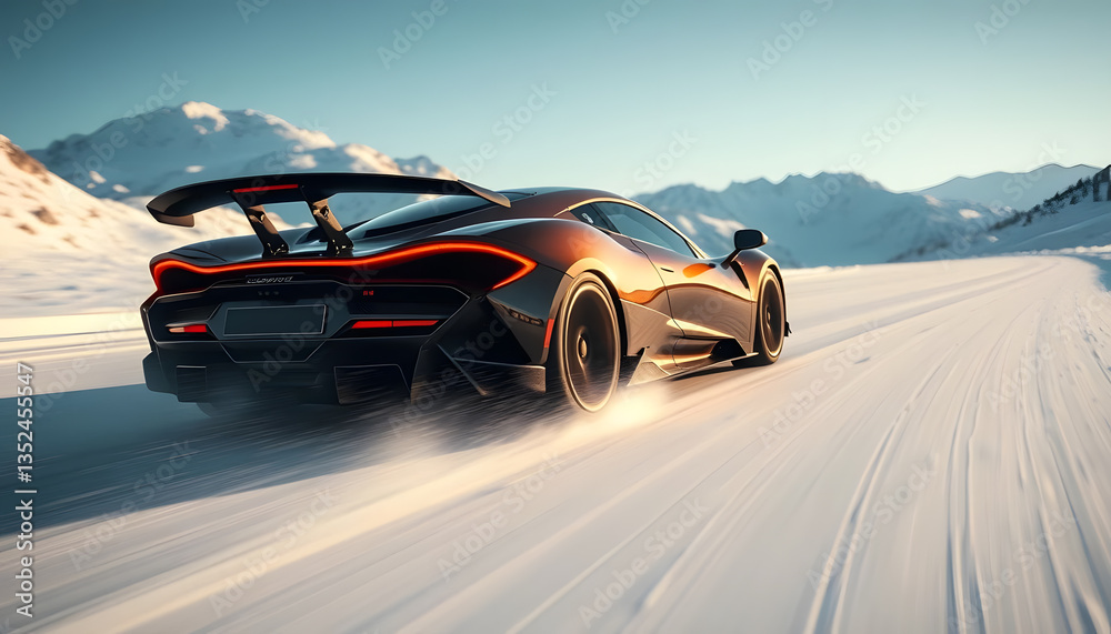 Naklejka premium Rear shot of a speeding hypercar on a snowy mountain pass, crisp cold air, tire marks carving through fresh snow