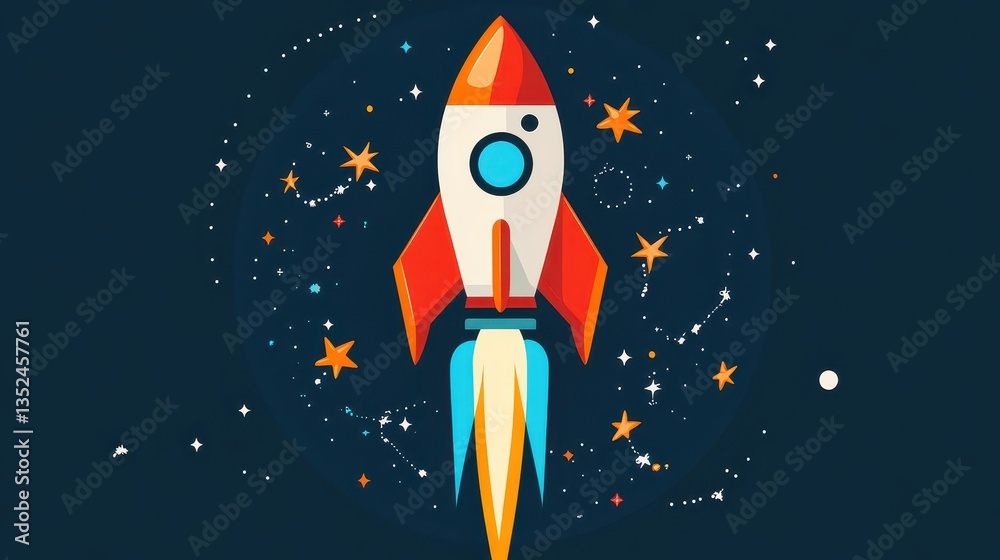 A colorful rocket ship flying up towards the starry night sky A colorful rocket ship flying up towards the starry night sky