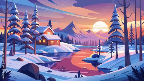 Snowy landscape in Finnish Lapland in winter at sunset