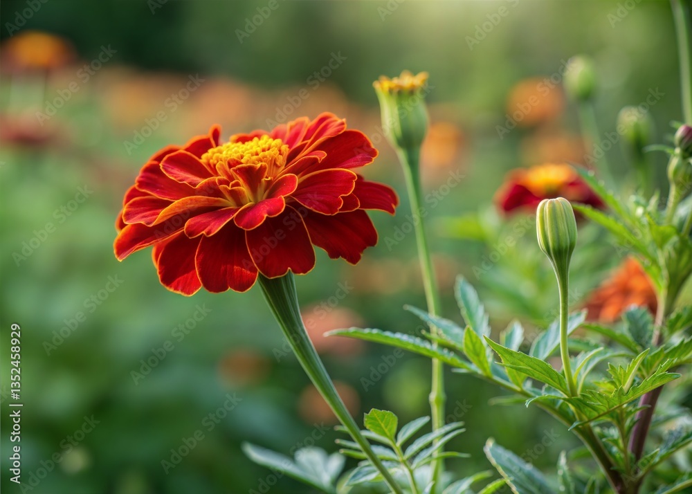 Vibrant Red and Orange Marigold Flower in Garden Setting Vibrant Red and Orange Marigold Flower in Garden Setting