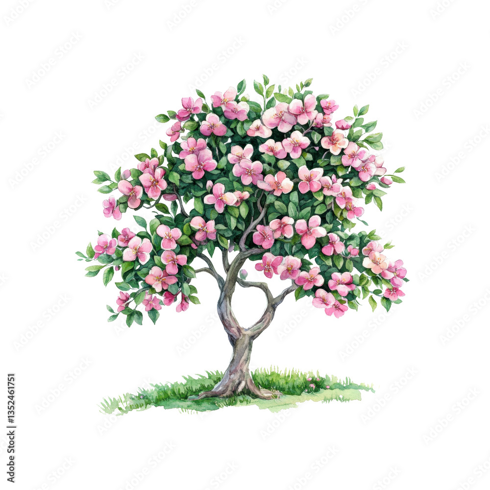 Fototapeta premium A vibrant tree displaying an abundance of pink blossoms amidst rich green foliage, showcasing natural beauty and elegance in a transparent setting.