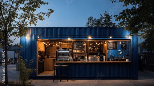 Cozy Outdoor Cafe Bar with Illuminated Containers and Furnishings in a Modern Urban City Setting Providing Dining Drinking and Leisure Experiences