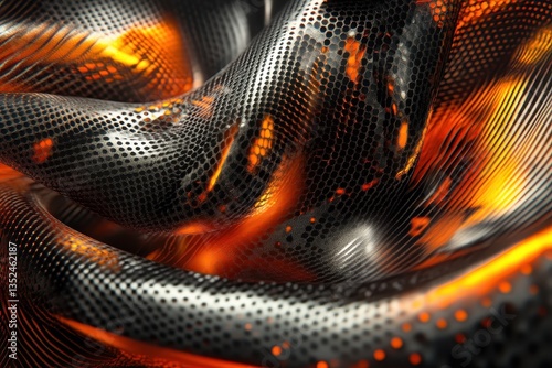 Abstract image of textured metallic material with glowing orange light