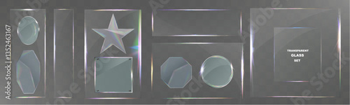Transparent glass set with smooth edges, reflections, glare, and prismatic light effects. Various geometric shapes for UI, web, and graphic design.	
