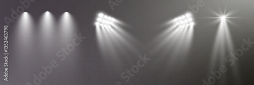 Realistic transparent spotlight effects set. Stage lighting, concert, show, stadium, theater illumination. Bright glow, beams, lens flare, shine, studio, photography light.
