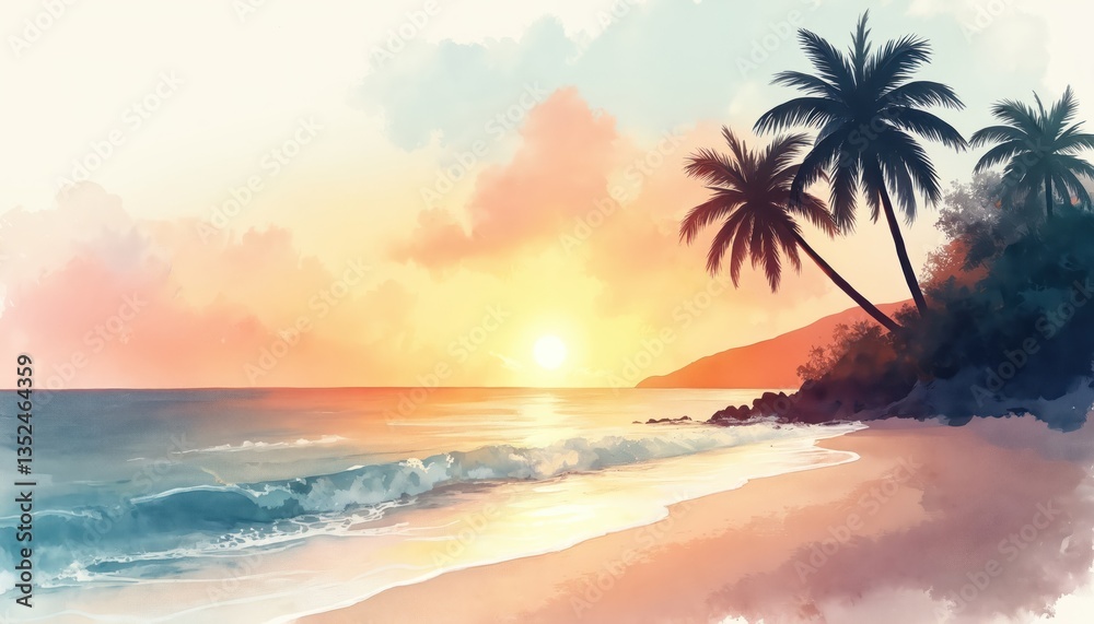 Obraz premium Watercolor illustration shows tropical beach at sunset. Palm trees silhouetted against orange, blue sky. Serene seascape, ocean view, coastal evening. Peaceful, dreamy, tranquil, warm colors,