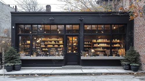 Stylish black storefront, retail shop, city street, autumn foliage, product display, perfect for business website