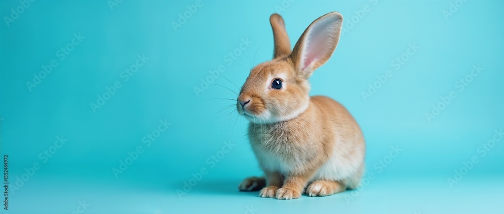 Fototapeta premium Gentle brown rabbit with big ears and soft fur sitting on a vivid light blue surface.