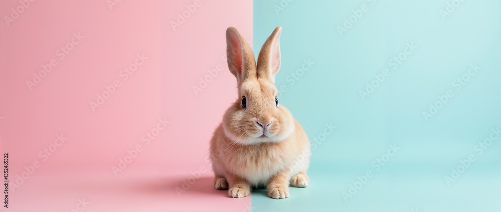 Obraz premium A cute bunny sits calmly on a split pastel background, showcasing a soft pink and blue pairing.