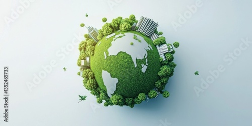 A green planet earth with buildings and lush green forests