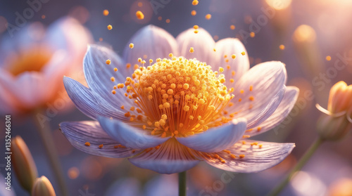 Close-up of a beautiful flower with purple-tinted petals and a vibrant yellow center, set against a soft, dreamy background.