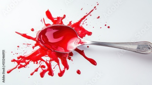 Bright Red Liquid Splash on Spoon Against White Background