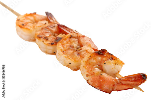 Roasted Shrimp Skewers with Green Garnish on Neutral Background.