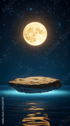 A floating rock 3D podium, hovering above a glowing mystical pool, bathed in magical moonlight
